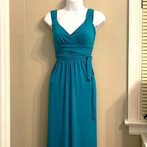 Blue Midi Dress with Faux Wrap Top and Attached Sash Belt LG